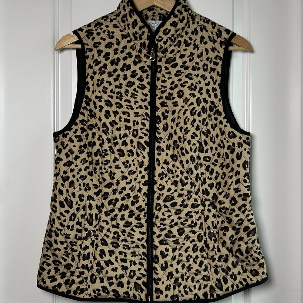 Croft & Barrow Cotton Shell Leopard Print Gold Zip Quilted Vest Maximalist Style